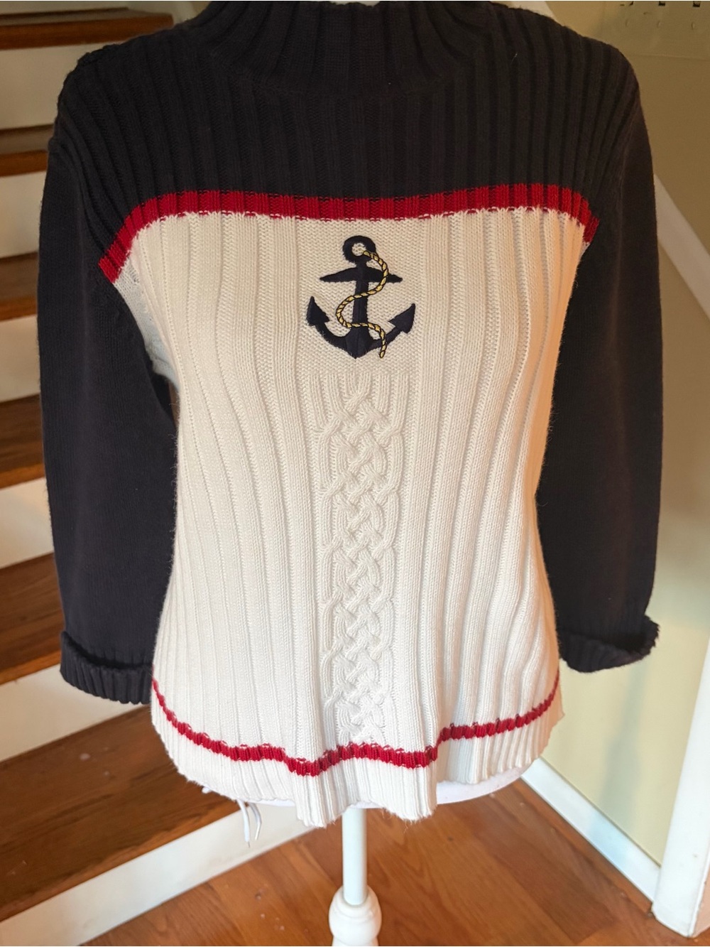 Vintage Crazy Horse Petite M Cotton Blend Sweater Nautical Anchor Coastal